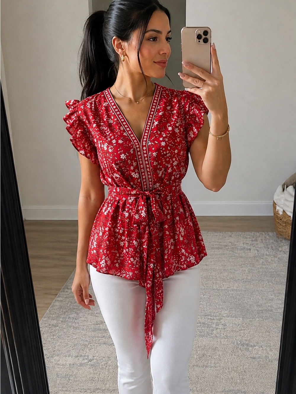 Max Studio Red Floral Tie Waist Ruffle Sleeve Blouse XS